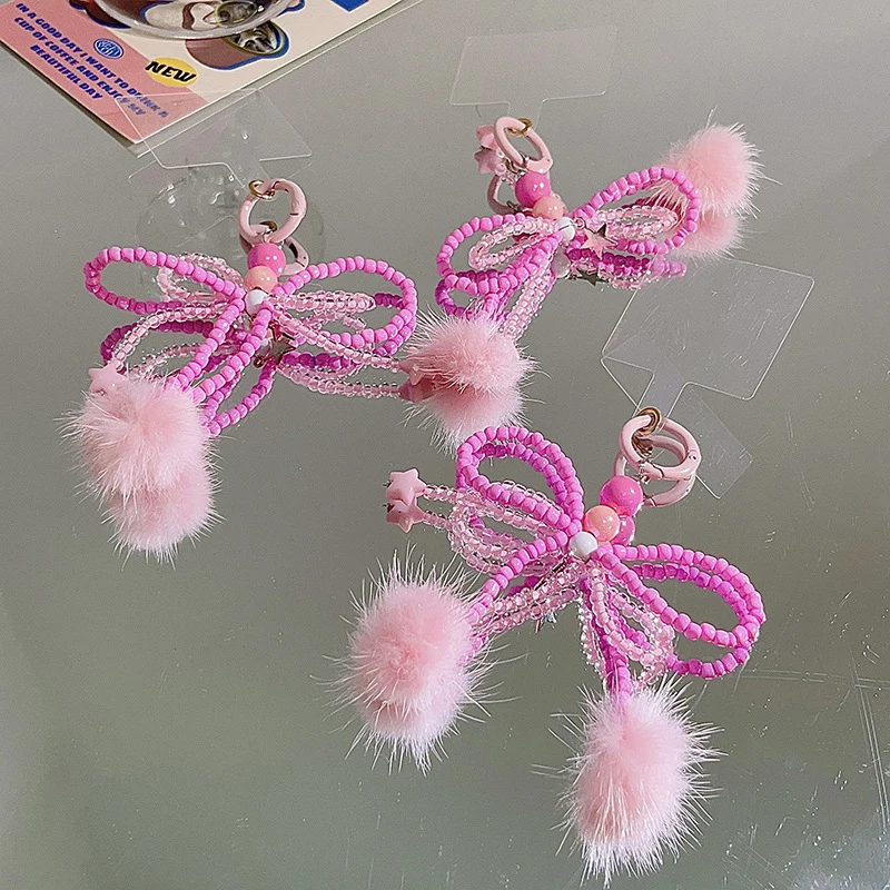 13cm Y2K Pink Bow Beaded Phone Lanyard Korean Sweet Bowknot Mobile Phone Strap Keychain Pendant For Girl Earphone Camera Charm