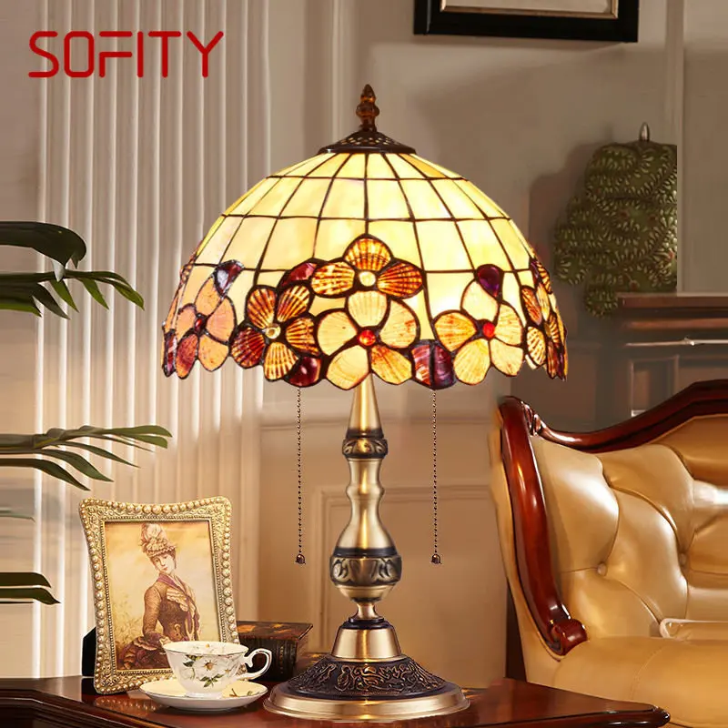 

SOFITY Modern Brass Tiffany Table Lamp LED European Retro Luxury Creative Shell Desk Light for Home Living Room Bedroom