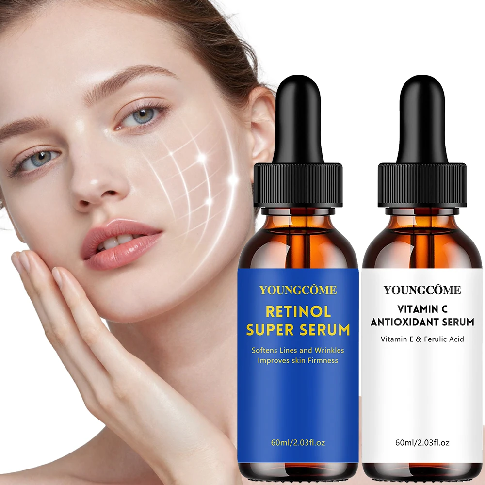 Conjunto de Sérum Facial Antioxidante de Vitamina C e Retinol YOUNGCOME |   Vitamina E + Ácido Ferúlico |   Duo de Séruns Faciais Firmadores e Hidrata