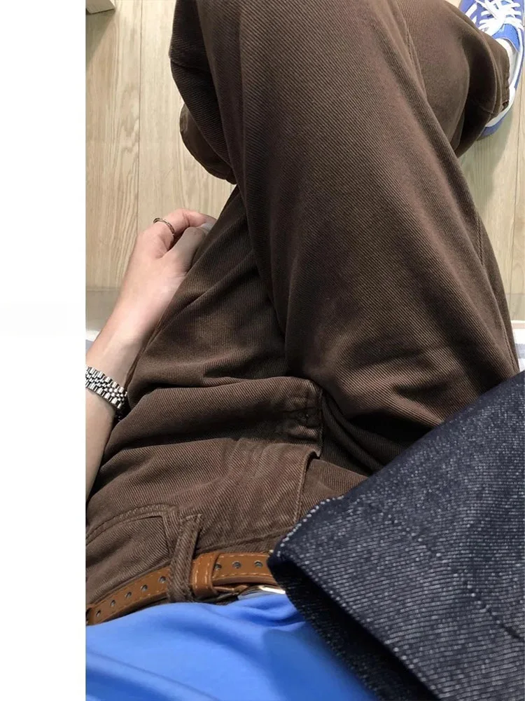 ارتفاع الخصر واسعة الساق الجينز المرأة اللون البني الخريف جديد Sle فضفاض مستقيم الطابق طول السراويل تخفيف خمر Waed