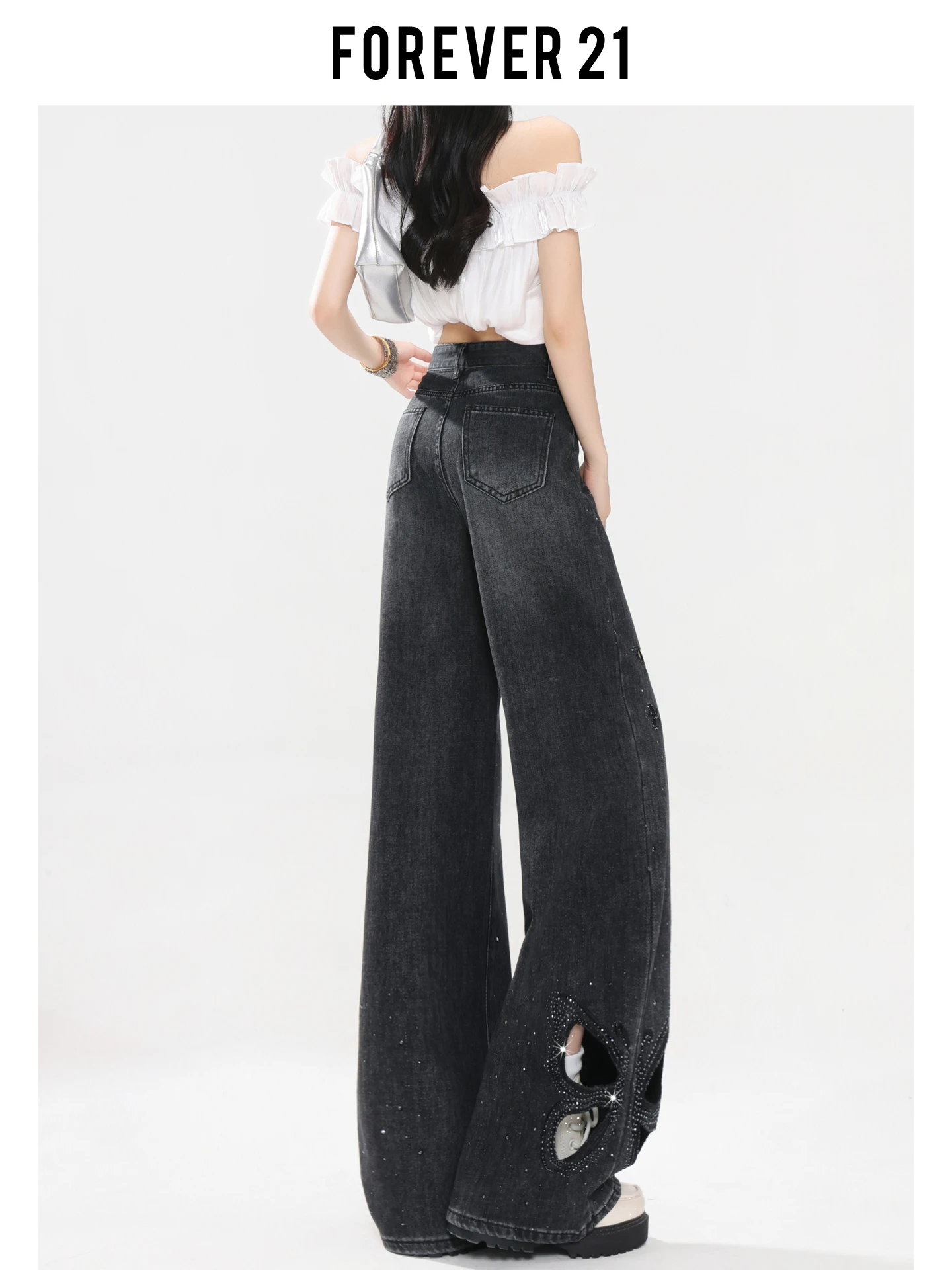 Calça Jeans Feminina Preta de Cintura Alta com Laço Vazado e Perna Larga, Calça Reta Brilhante com Lantejoulas Estilo Casual de Verão Forever 21
