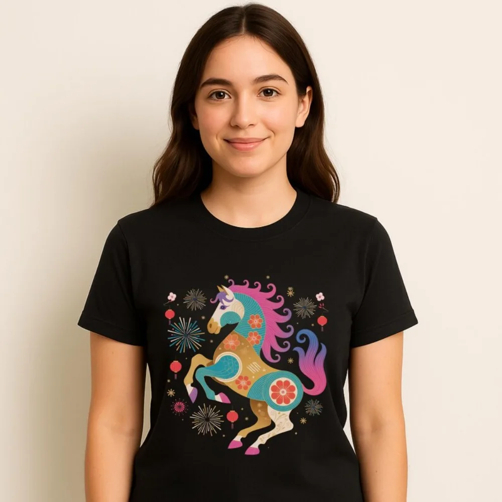 Colorful Horse Shirt 2026 Asian Style New Year Tee Lunar Zodiac Horse T-Shirt Unisex Fantasy Horse Tops Happy New Year Women Tee