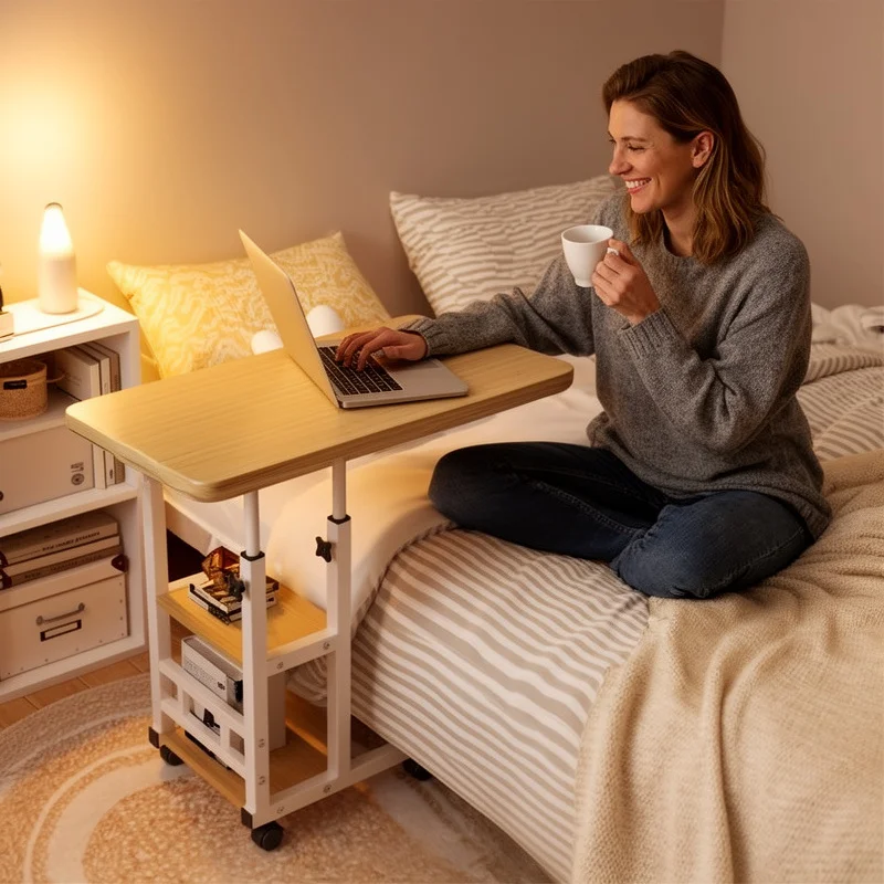 Adjustable Height Laptop Desk, Movable Computer Desk, Double-Layer Storage Compartment, Sturdy and Durable Metal Frame, Equipped with Convenient Height Adjustment Knob, Versatile Style, Suitable for Various Indoor Styles, Can Be Integrated with Various Ho