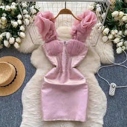 Hotsweet Chic Three-dimensional Pleated Straps Sexy Sleeveless Slim Pencil Short Dresses French Party High Street Women Clothing