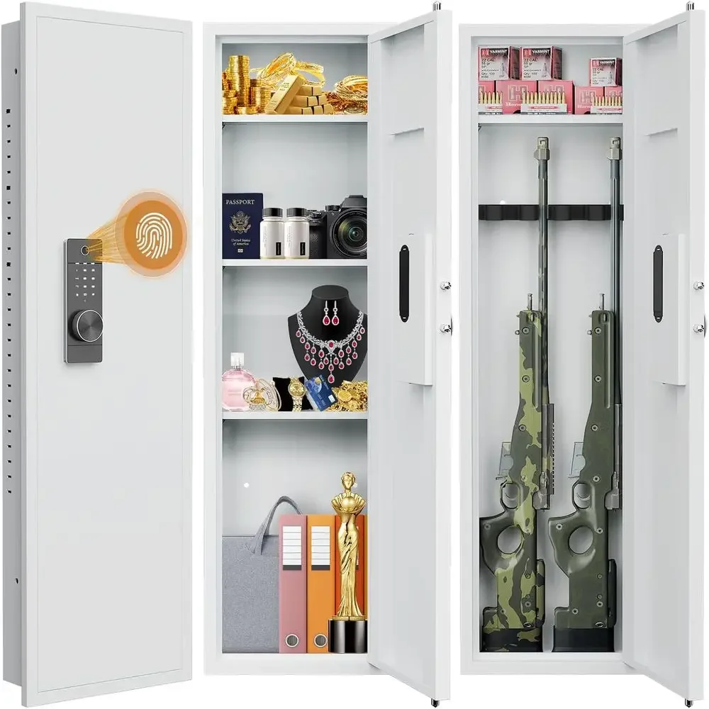 Hidden Biometric Fingerprint Safe with Dual Alarm System and Silent E, Wall Gun Safe with Adjustable Shelves and Magnetic Lock (