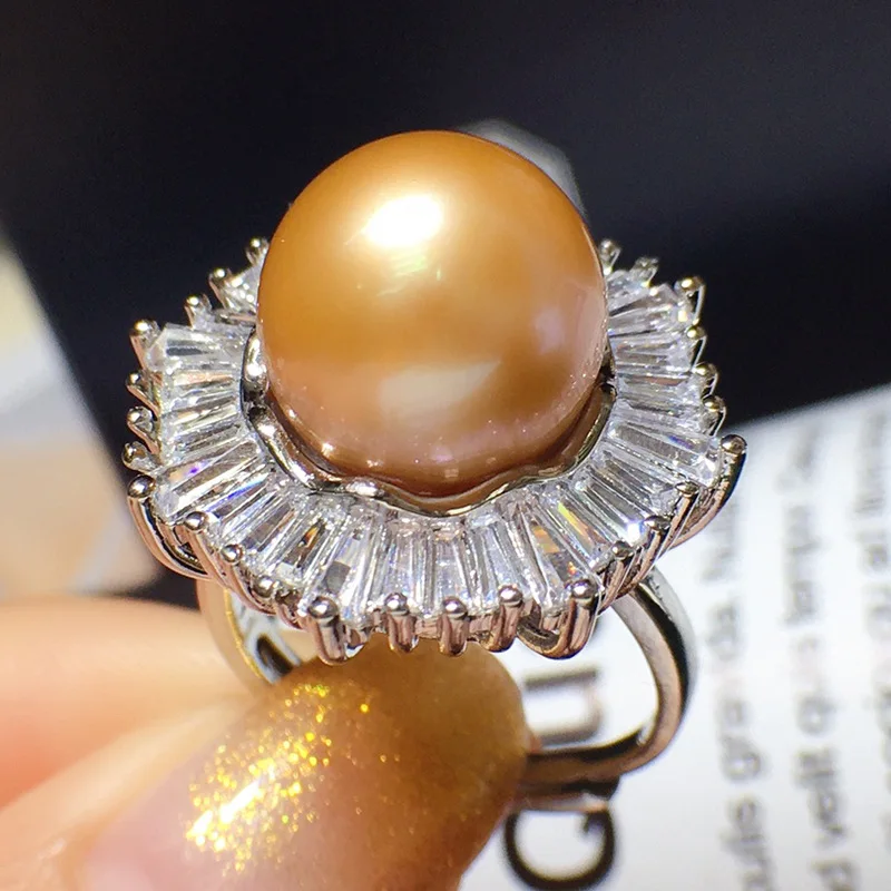 Freshwater Pearl Ring 11-12mm Large Grain Basic Perfect Round 18k Gold Plated Zircon Micro Pave Fashion Versatile 113