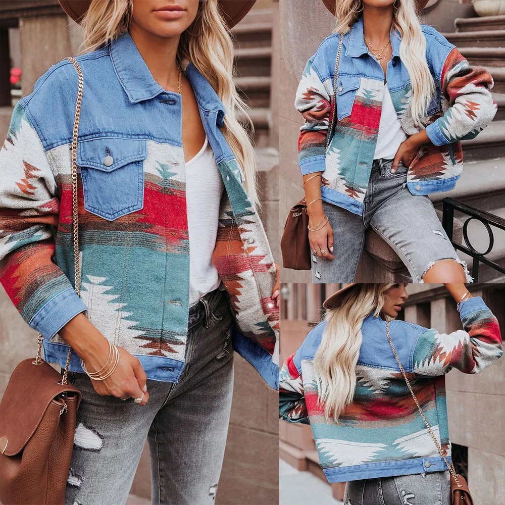 Women's Color-Block Cowboy Jacket Short Top Spring Autumn New Laundry Casual Style