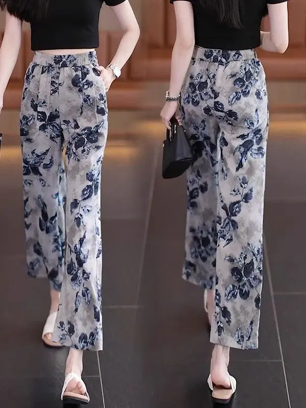 

Retro Summer 2026 Women's Casual Wide Leg Pants Straight Cut Print Slimming Fashionable High Waist Elastic Non-Iron Commute S...