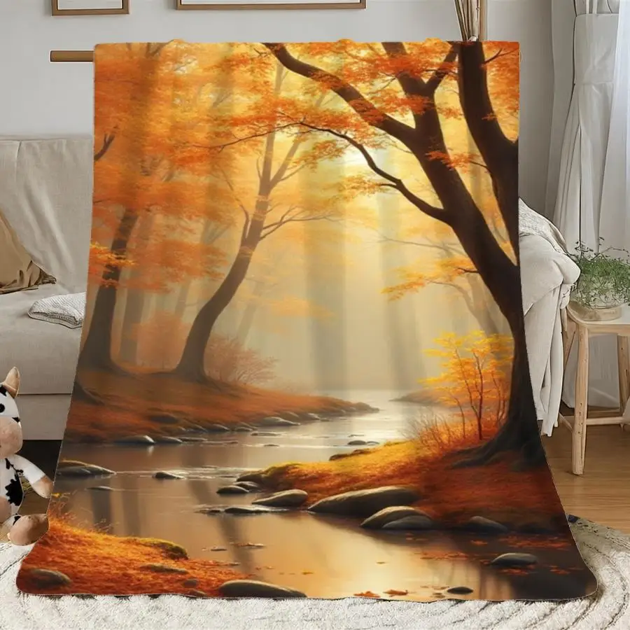 1pc Premium Warm Flannel Blanket Featuring a Serene Autumn Forest with Golden Sunlight and Flowing Stream, Soft Painterly Fall Landscape Design for All Seasons Perfect as Home Decoration & Holiday Gift Choice.