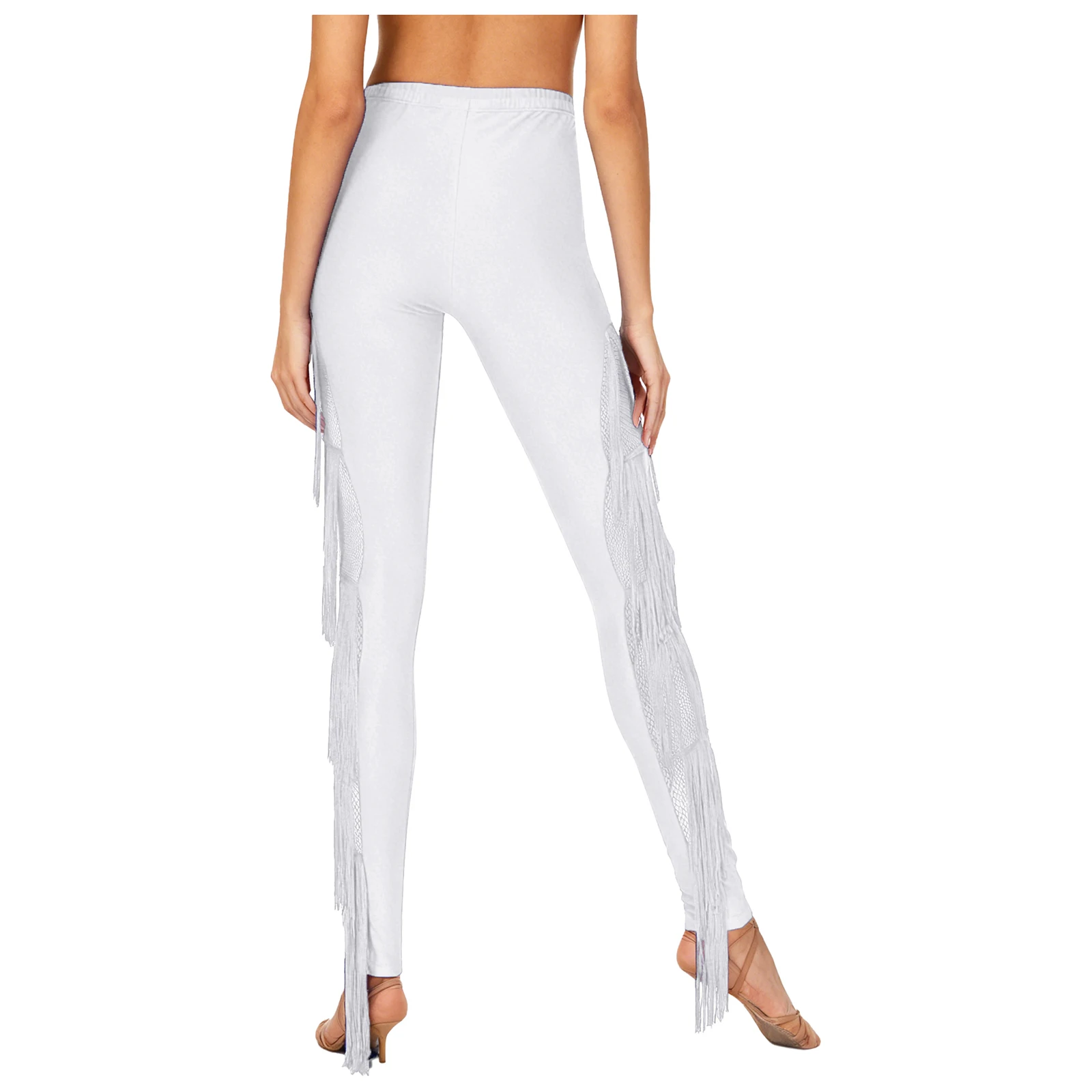 Women Latin Chacha Dance Leggings Side Sheer Mesh Tiered Tassel Elastic Waistband Skinny Pants Tfor Tango Salsa Dance Costume