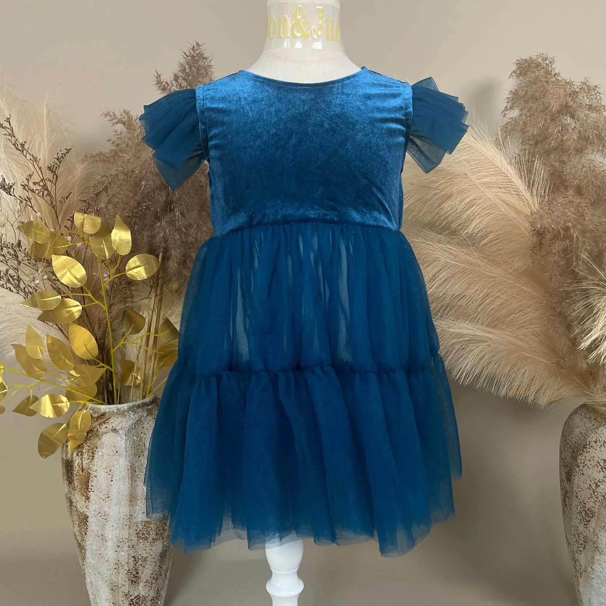 Don&Judy Blue Velvet Sleeveless Dress With Tulle Hem Flower Girl Dresses Children's Clothing Girls Party Gown Photography Prop