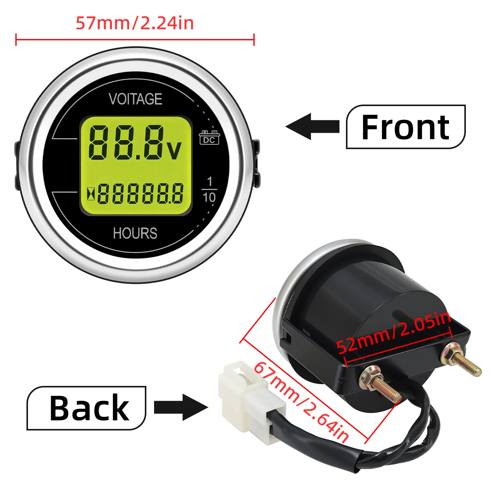 2'' 52MM Auto-Spannungs- und Betriebsstundenzähler mit Dual-Display, LED-Digitalanzeige, Wasserdichtes Voltmeter, Spannungsmesser, Volt-Detektor 12V/24V 2-in-1 – Detail 3