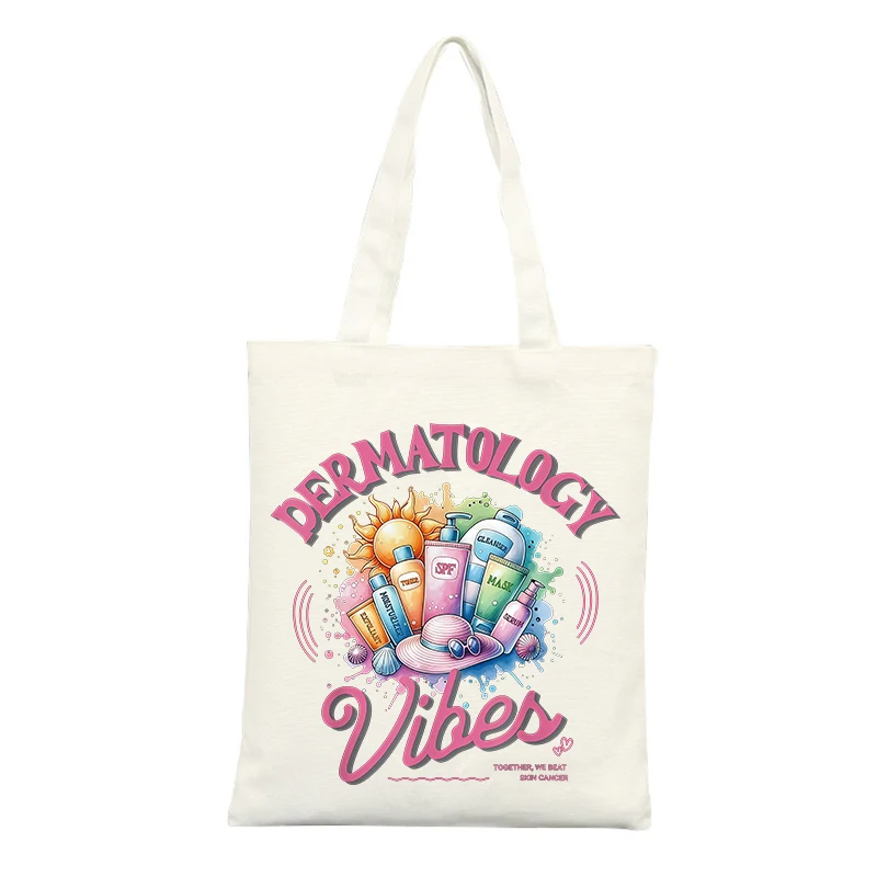Dermatology-themed Canvas Tote Bag with Skincare Product Graphics, Retro Style for Summer Outings and Daily Use