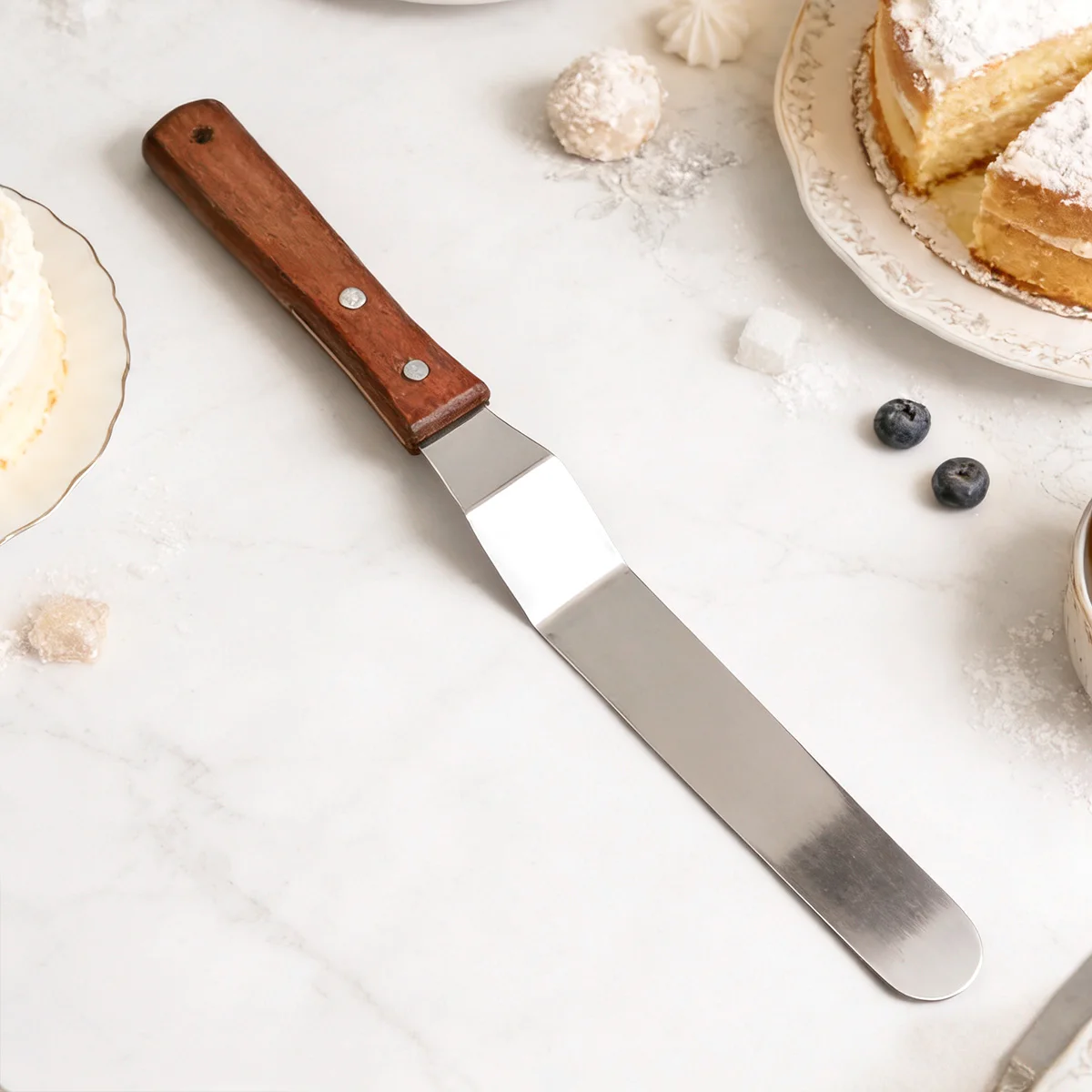 Gebogene Kuchenspachtel aus Edelstahl mit Holzgriff, Kuchendekorationsspachtel für Pizzen, Zuckergusskuchen, Käse