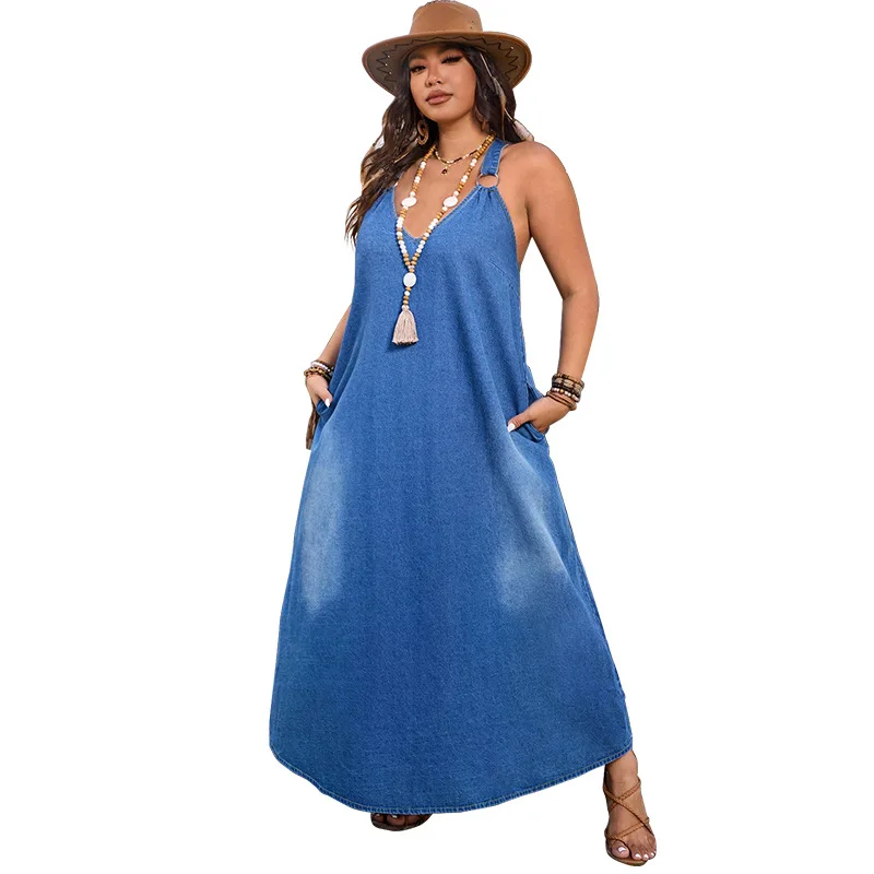 Plus size vrouw denim jurk 2025, zomer hete verkoop v-hals mouwloze casual jurken gewassen sexy dagelijkse kleding