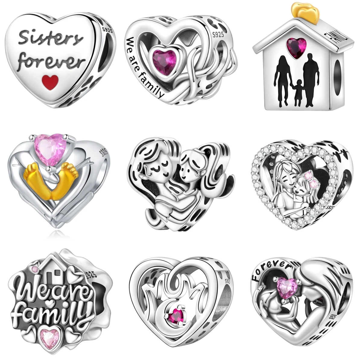 PANPOKI 925 Sterling Silber Herzförmiger Familien-Perlenanhänger Original DIY Armreif Charm Schmuck Halskette Trendige Geschenke