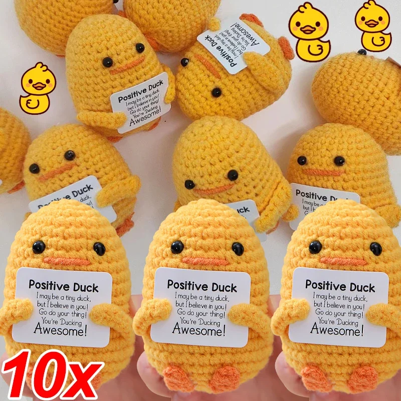 1/10x Crochet Yellow Duck Knitted Positive Duck with Positive Card  Emotional Support Toy Graduation Christmas Party Ornaments