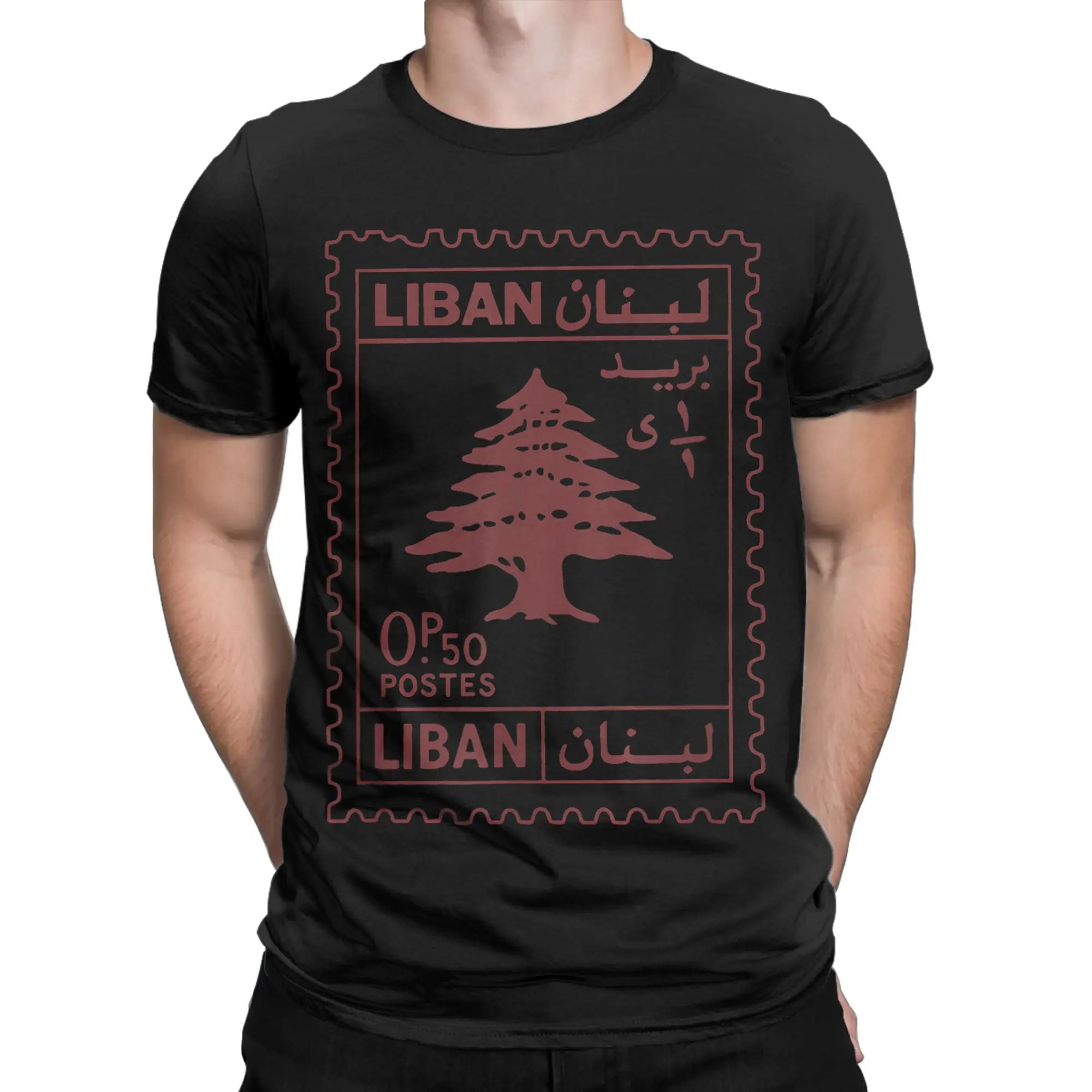 Lebanon Post Stamp Design Lebanese Flag T-Shirt for Men  Fun Pure Cotton Tees Round Collar Short Sleeve T Shirt Printed Clothing