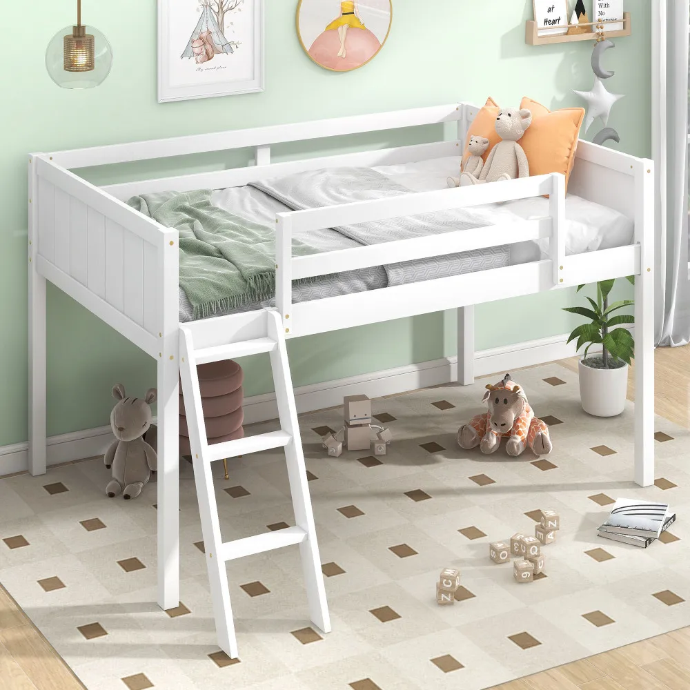 Kinderbedden Twin size houten laag hoogslaper met ladder, ladder kan links of rechts geplaatst, grijs kinderbed stapelbedden voor kinderen