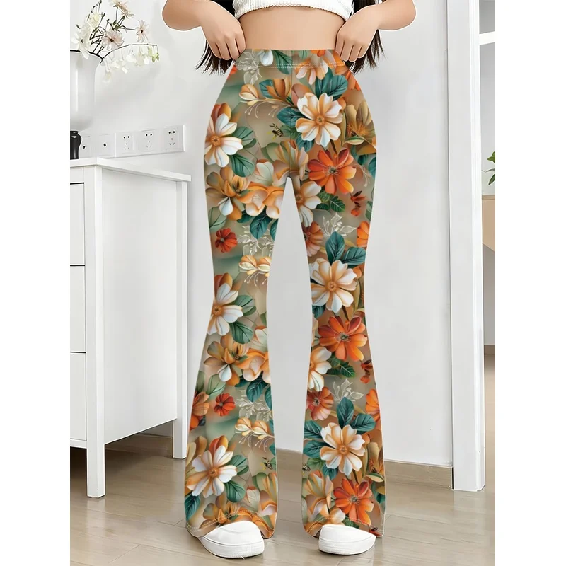 Girls All Over Print Flare Pants Stretchy Bell Bottom Leggings Elastic Waist Pants for Tween Teens Back to School Outfit