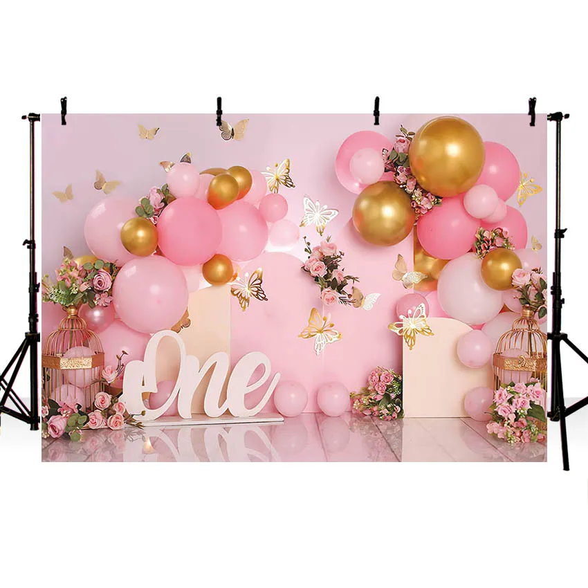 Mehofond Photography Background Pink Balloons Garden Floral Butterfly Girls Birthday Party Portrait Decor Backdrop Photo Studio