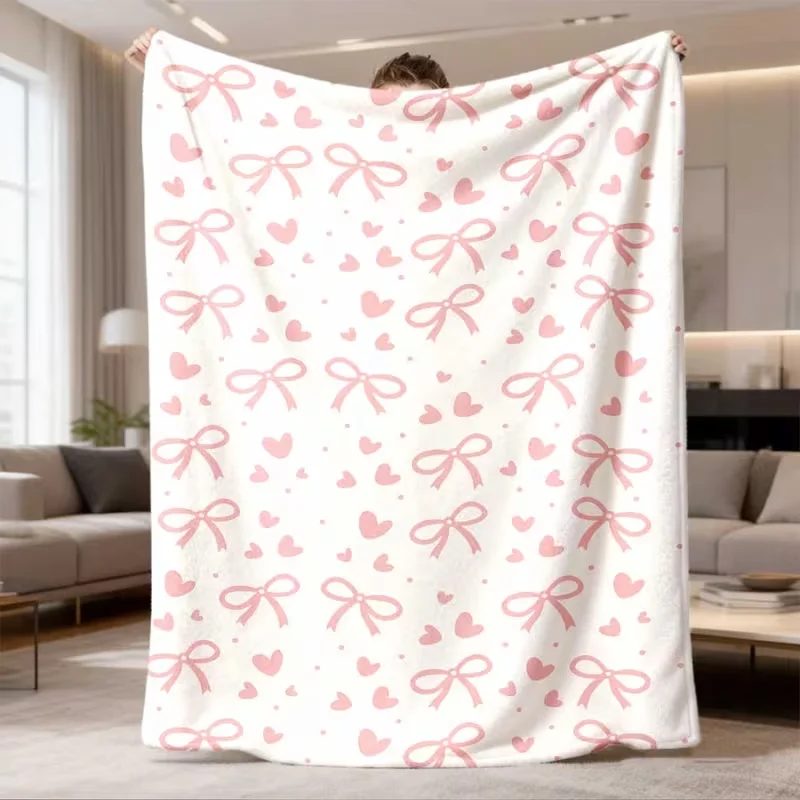 Soft Pink Vertical Stripe Hand Drawn Bow Print Blanket Cute Aesthetic  Warm Blanket for Bed Couch Home Decor