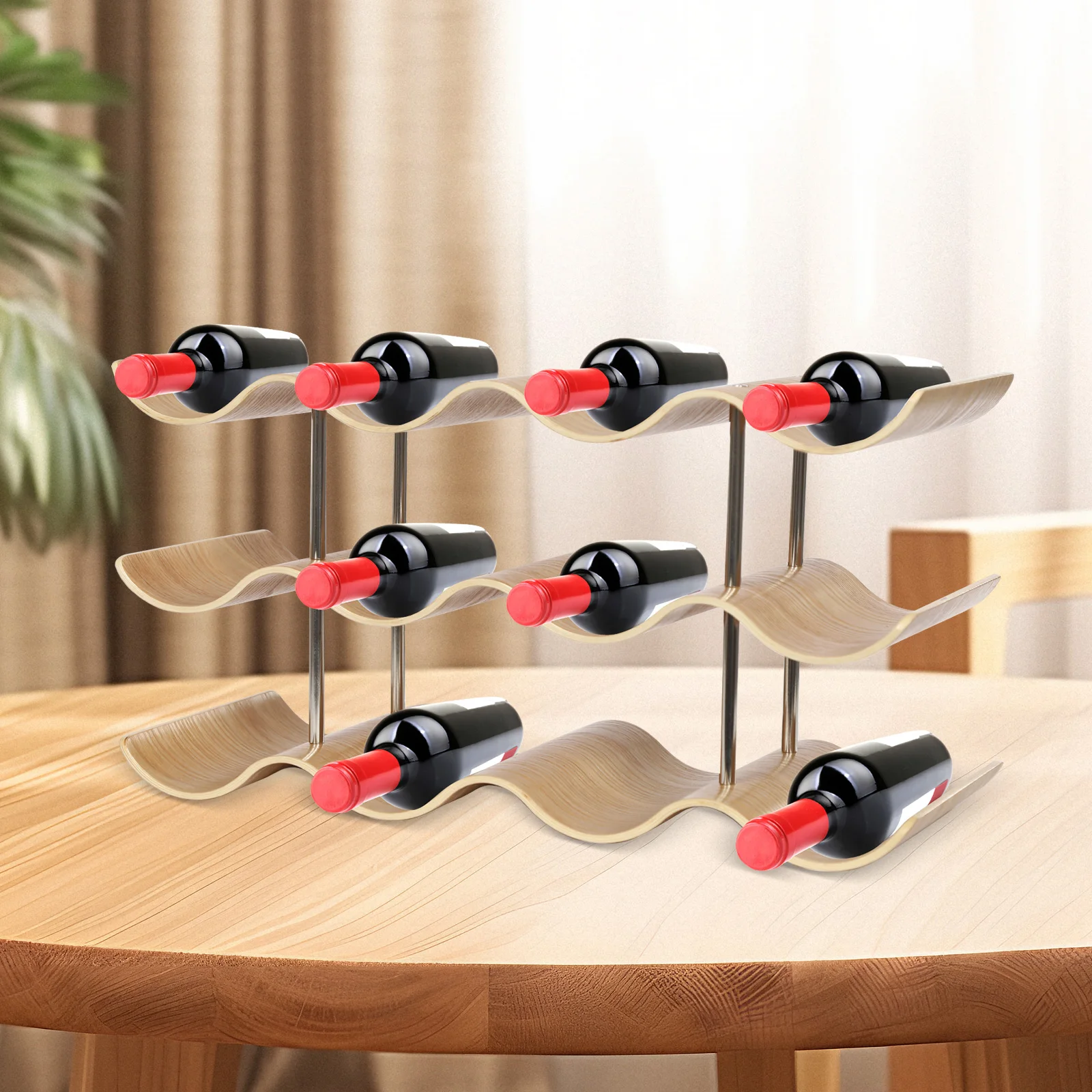 

3-уровневая деревянная полка для хранения волнистого вина, 16,34x5,9x8,86 дюйма, вмещает 12 бутылок ≤3,35 дюйма, для дома/бара/кухни, современный элегантный дизайн