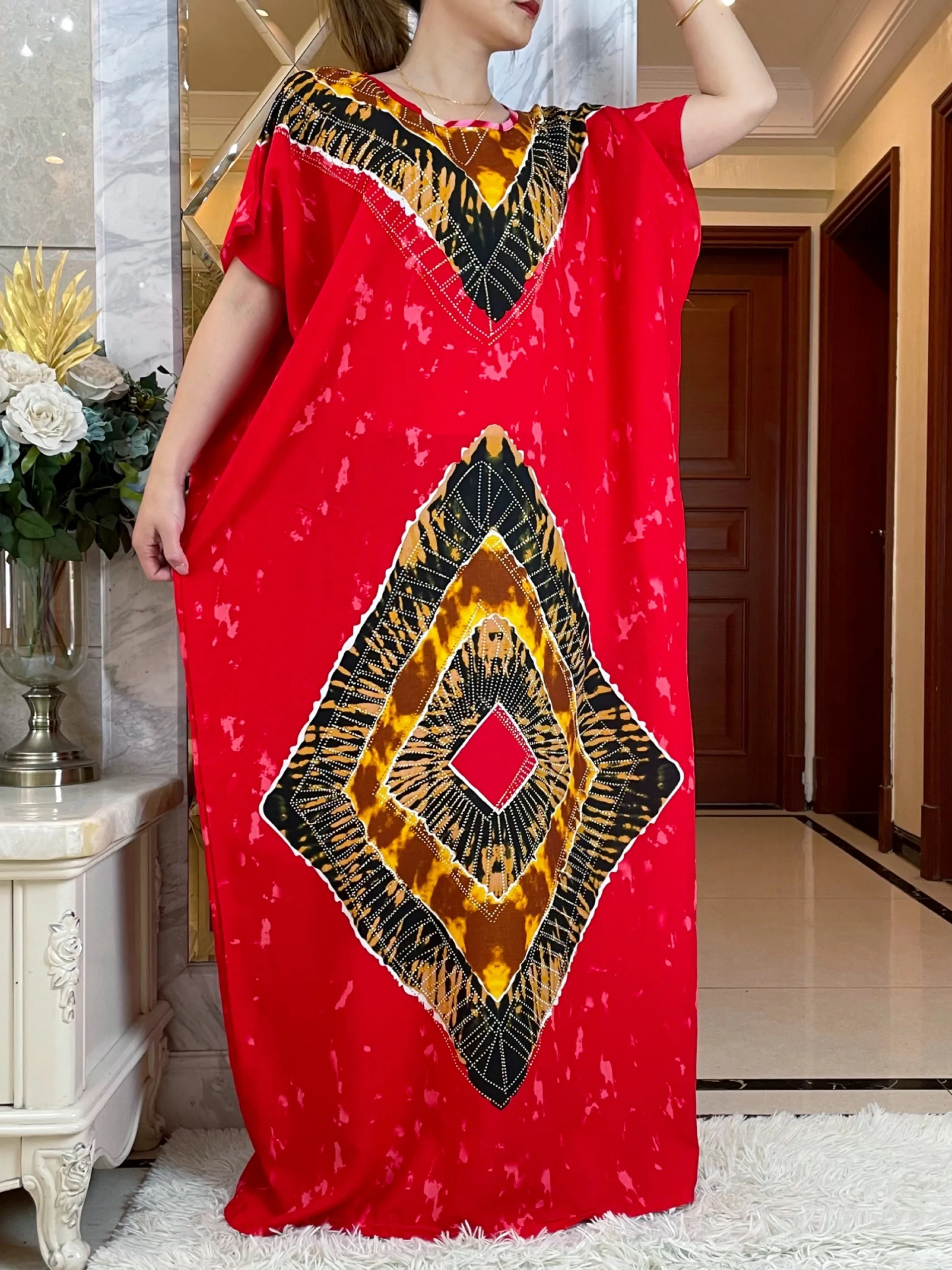 2024Summer Short Sleeve Printing Cotton Dresse With Big Scarf African Dashiki Floral  Loose Caftan Lady  Maxi Casual Vestidos