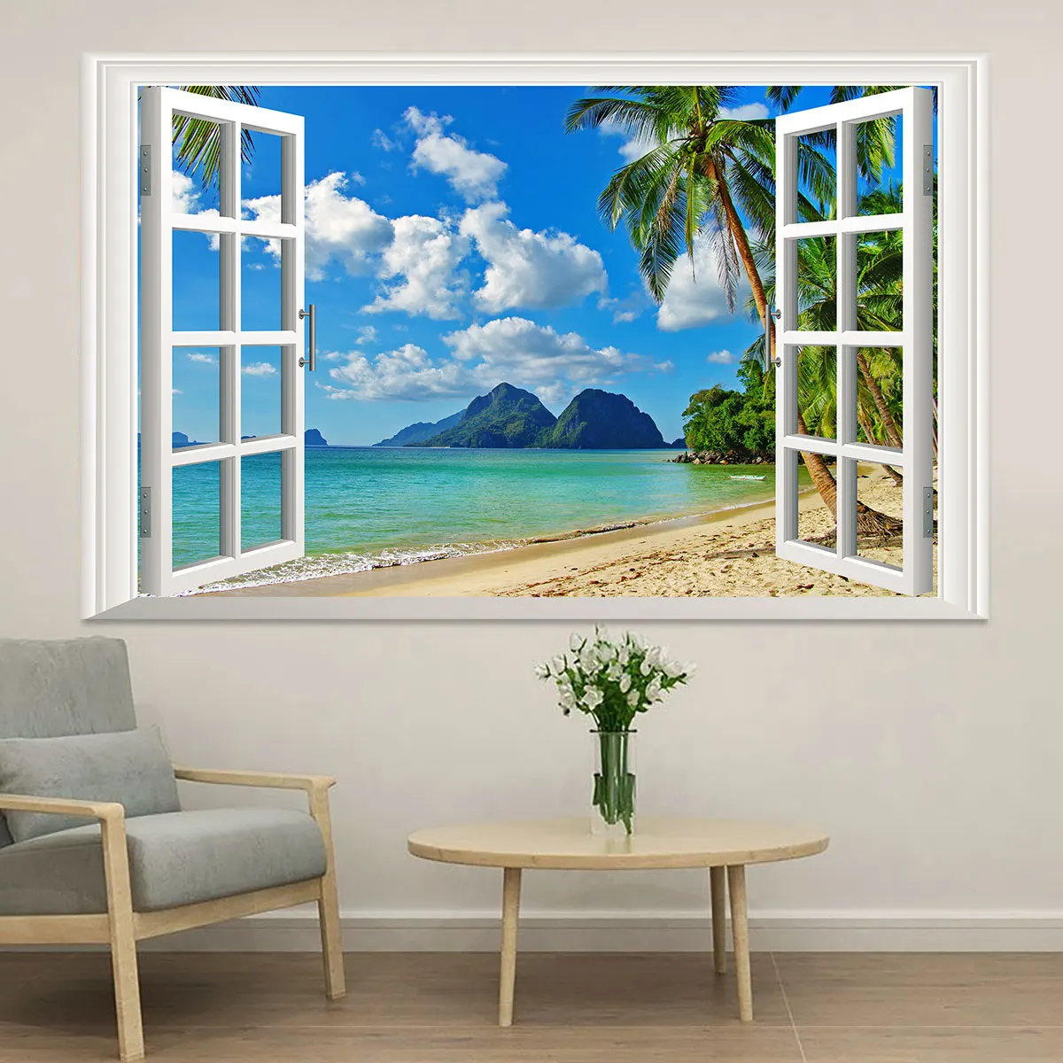 1pc Fake Window Sea View Beach Coconut Tree Simulation Wall Sticker Flat Wall Sticker Decorating Living Rooms Bedroom Wall