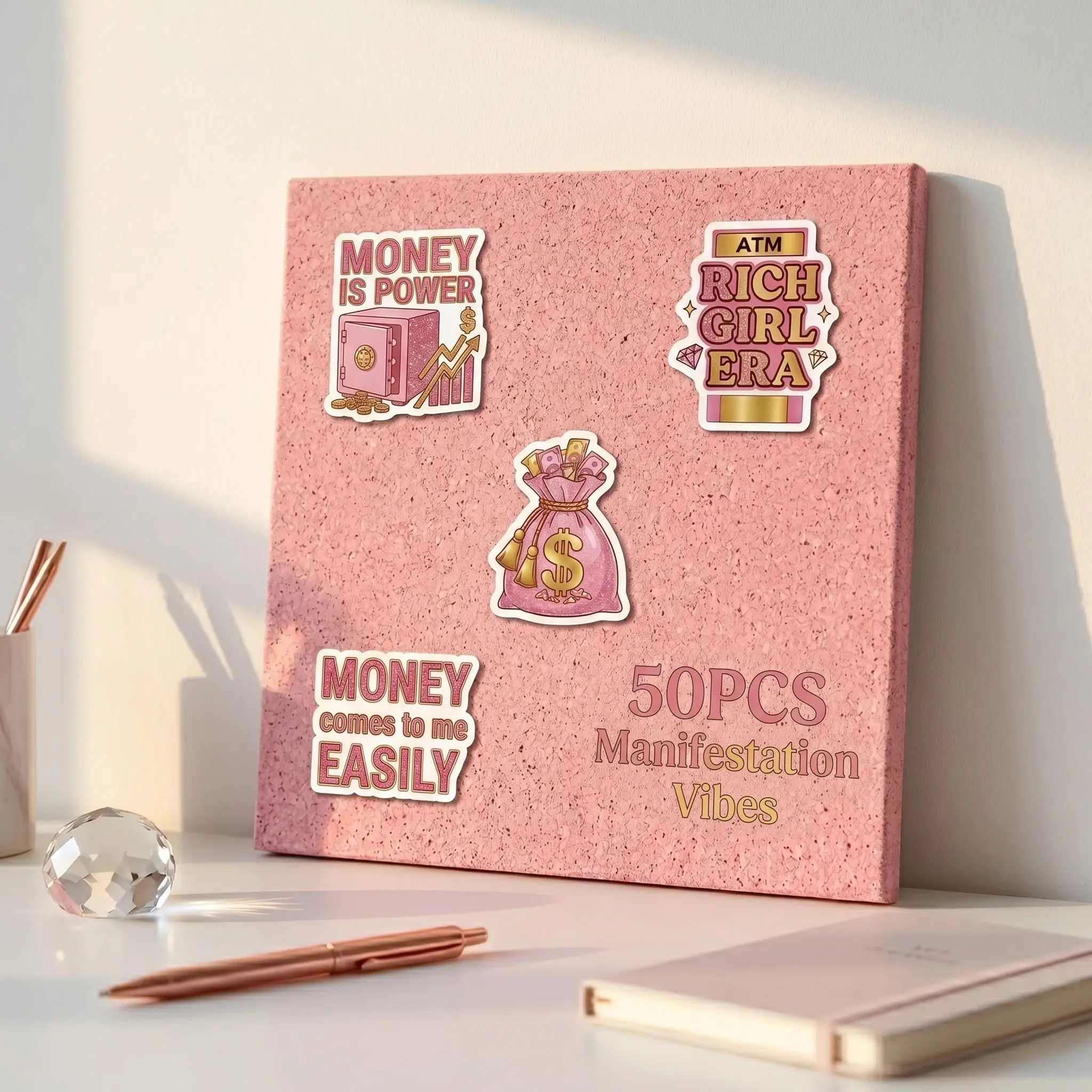 50Pcs Pink Manifestation Money Stickers Motivational Quote Vinyl Decals Waterproof Scrapbook Planner Laptop Boss Babe Gift