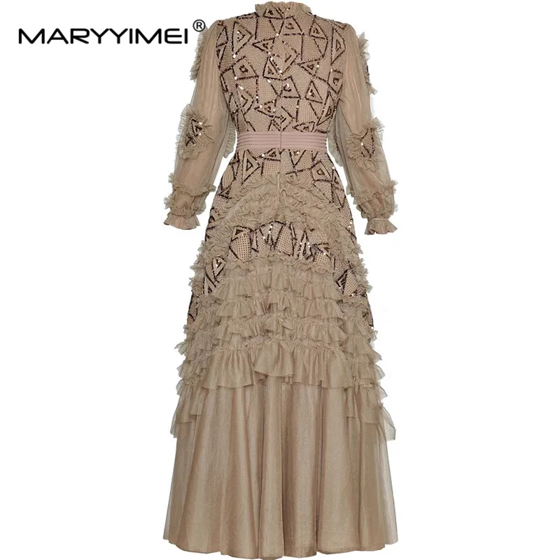 MARYYIMEI New Style Women\'s Ball Gown Dress Flare Sleeved Beading Slim Sequins Edible Tree Fungus Edge Loose Waist Dresses