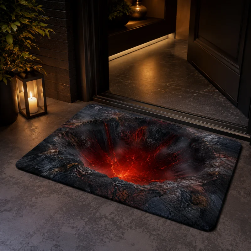 VIKAMA 3D Volcano Lava Pit Rock Red Magma Cracked Stone Art Flannel Door Mat Non Slip Entryway Bedroom Living Room Home Decor