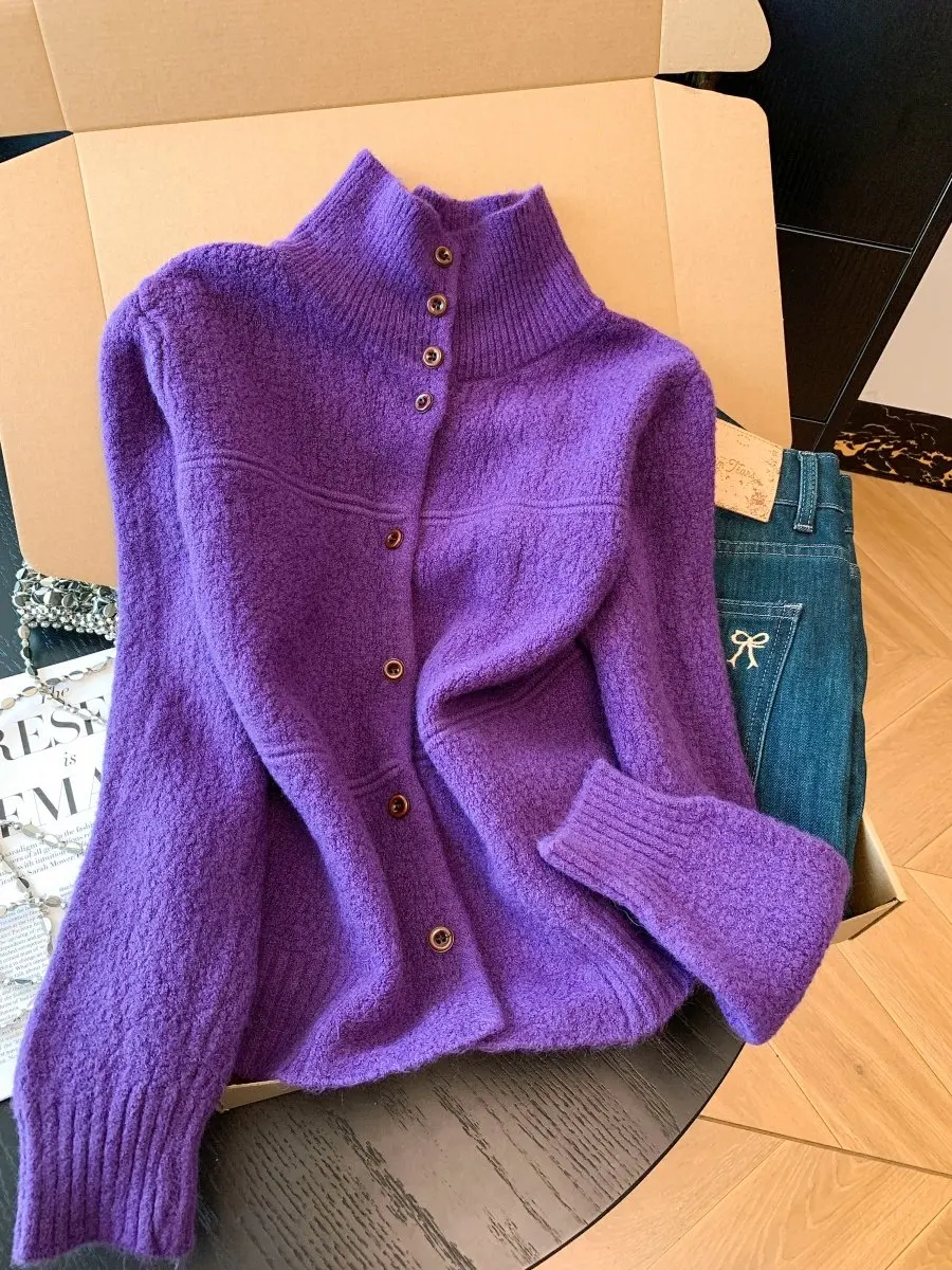 

Soft Sle Thiened Purple Stand Collar Sweater Coat Women's Spring Autumn Winter Knitted Open Cardigan Top Outerwear