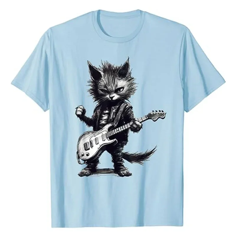 Funny Guitar Cat - Rock Cat Playing Guitar, Rock Kitty T-Shirt Music Lover Graphic Tee Tops Cute Short Sleeve Outfit Lovely Gift