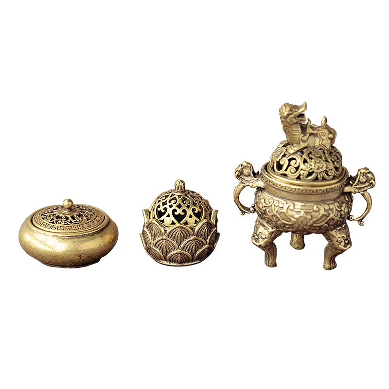 1Pcs Excellent Texture Brass Pocket Lotus Jiuding Incense Burner Hollow Incense Mini Incense Burner