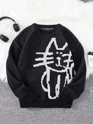 Autumn and Winter Abstract Kitten Jacquard Pattern Pullover Sweater Casual Round Neck Knitted Men's Pullover