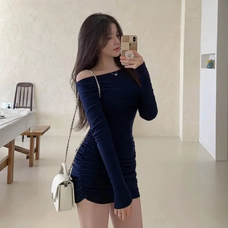 Chic Chic Bodycon Una spalla Vita stretta Base pieghettata Dr Dongda Gate Casual Vita alta Fibra elastica in poliuretano