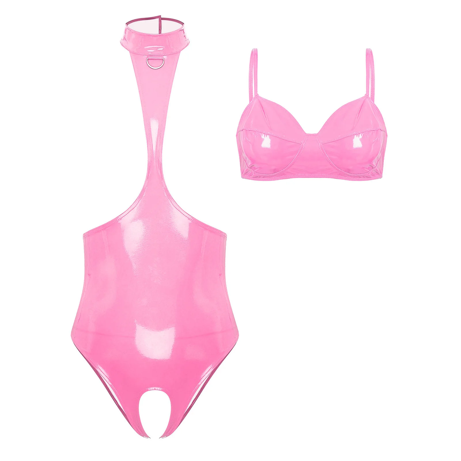 

Womens Wet Look Faux Leather Lingerie Set Leather Wire-free No Lined Bra Top And Open Chest Halter Bodysuit Raves Party Clubwear