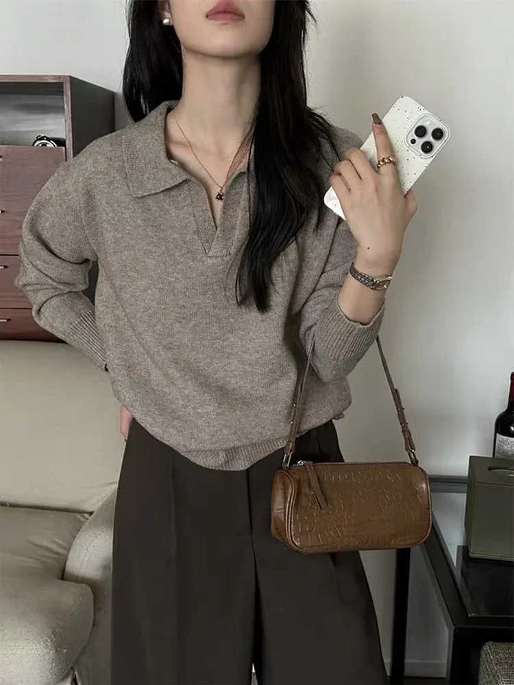 Loose Casual Style Long Sleeve  Neck Knitted Sweater Women's Black V Neck Top Autumn Winter Comfortable Lazy Fashion