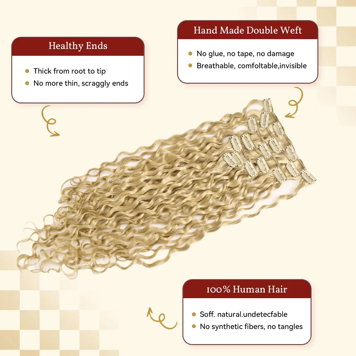12A Water Wave Clip in Hair Extensions Real Natural Remy Hair 120G 7Pcs Honey Blonde Platinum Mix Clip in Human Hair Extensions