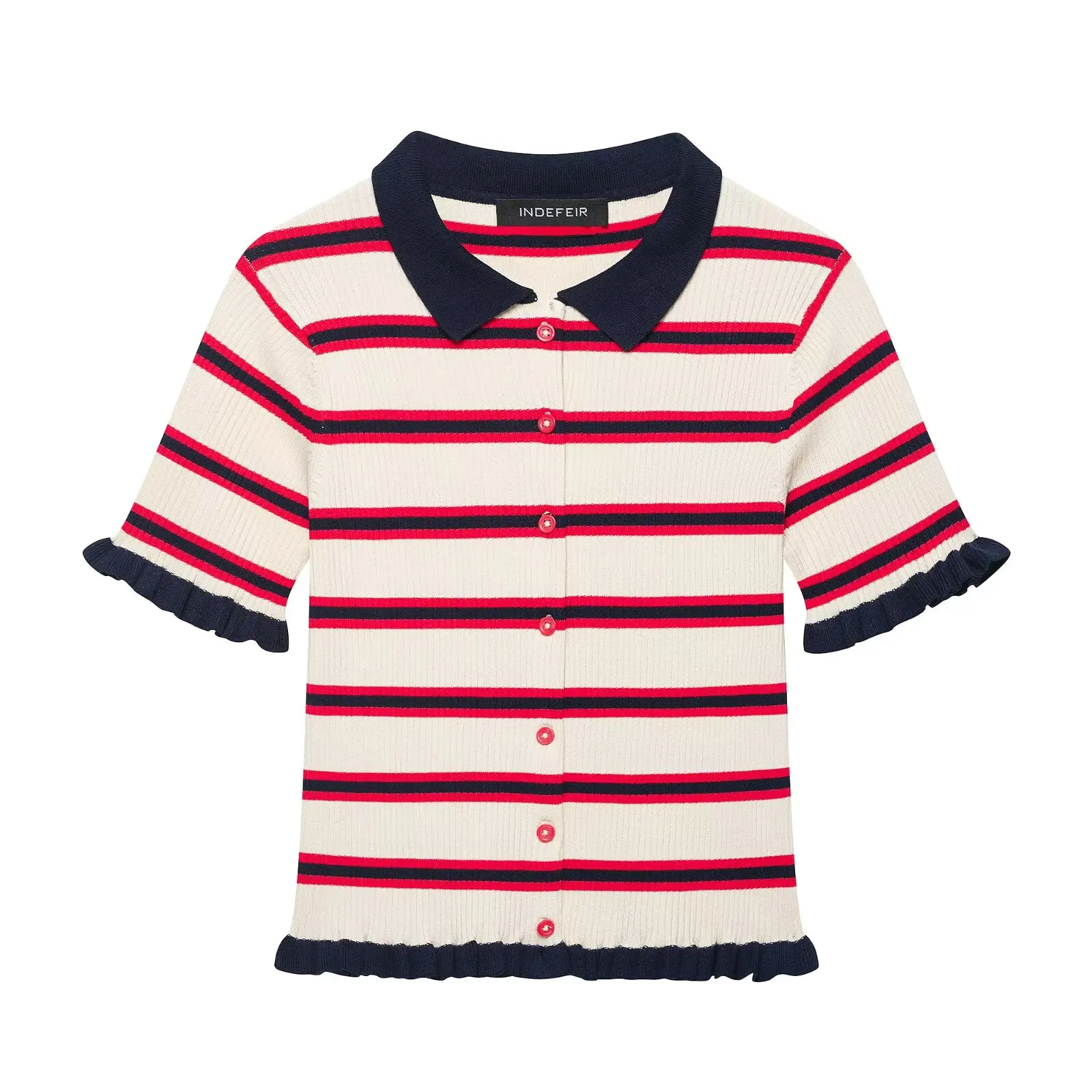 BSAY Neuer Preppy-Style Gestreifter Strickpullover für Damen Kontrast-Kragen Kurzarm Rüschenkante Knopfleiste Slim Fit Sommer Strickbluse – Detail 2