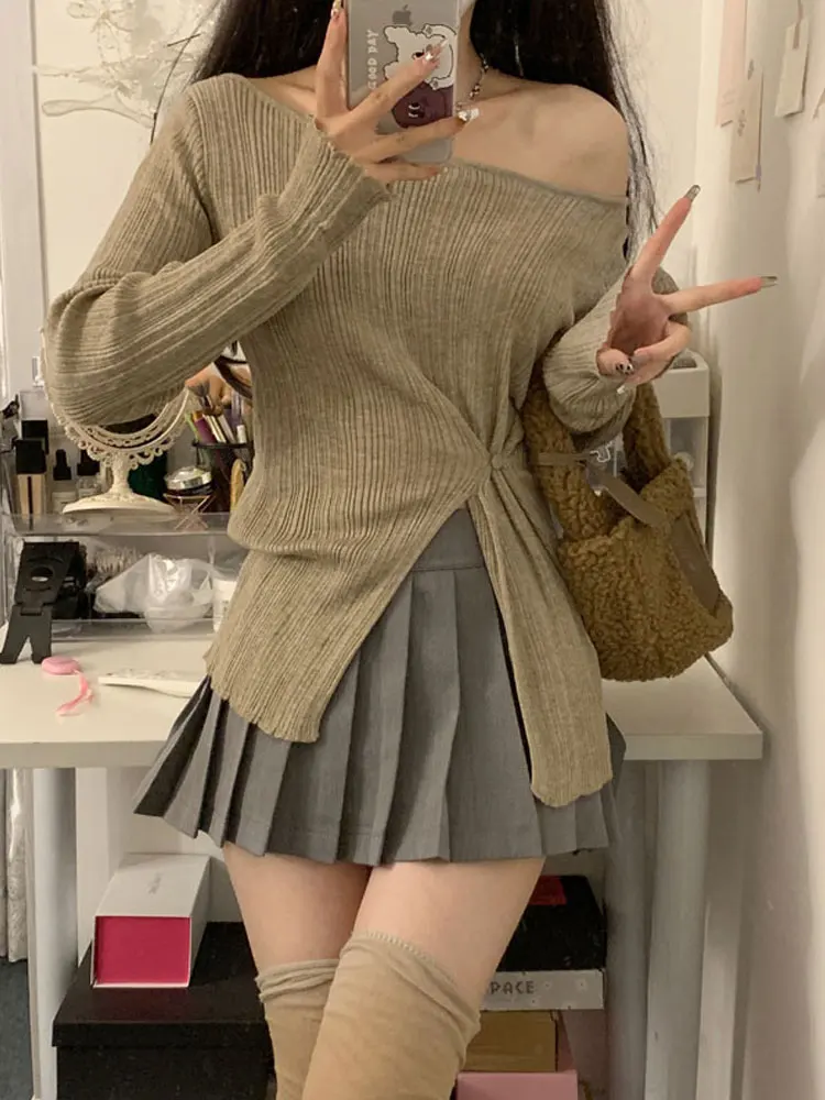 Korean Style Sexy Long Sleeve One Shoulder Knitted Sweater Women Early Spring New Slimming Inner Wear Base Top