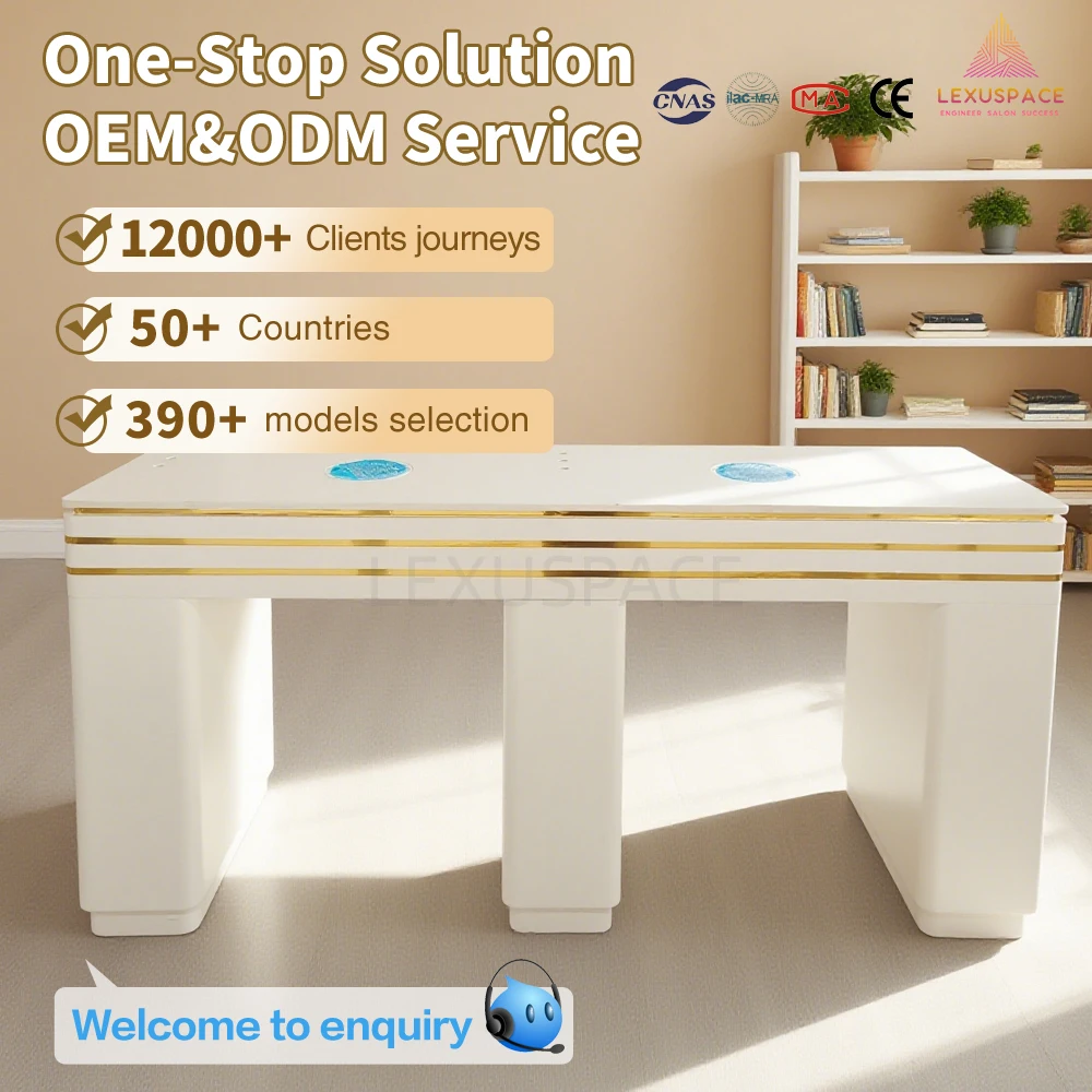 Luxury Modern Manicure Station with White Marble Top Gold Trim Dust Collector Multi Storage for High-End Nail Salons