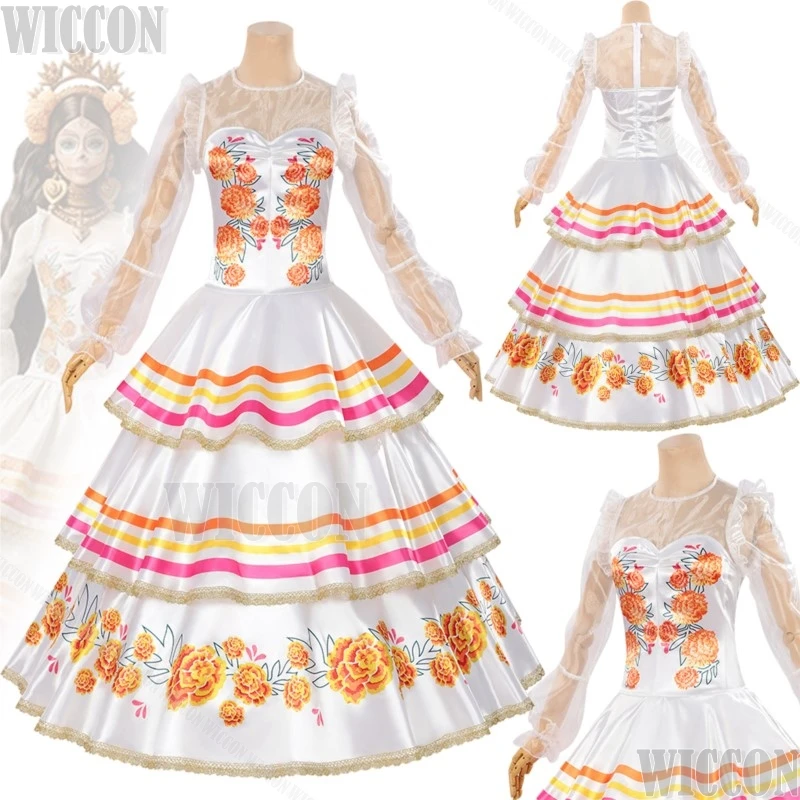 

Queen Dress Fancy Suit Day of the Dead Mexico Festival Anime Cosplay Girl Woman White Clothes Halloween Party Comic Con Outfit