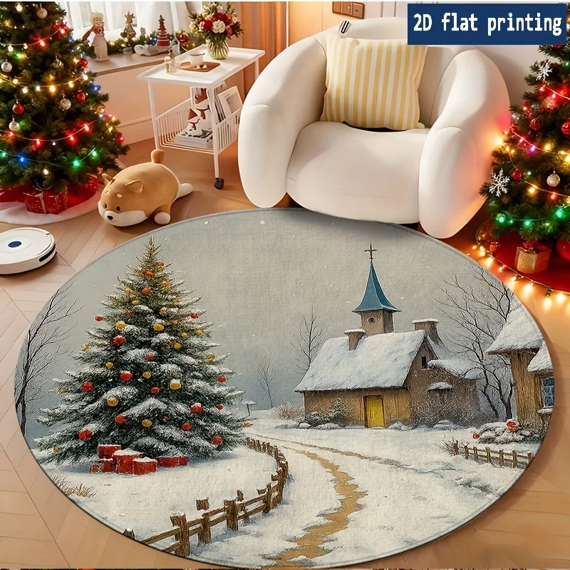 Luxury Golden Sparkle Pine Tree Burgundy Background Circular Rug for Bedside Sofa Chair Holiday Floor Mat Present Washable rug