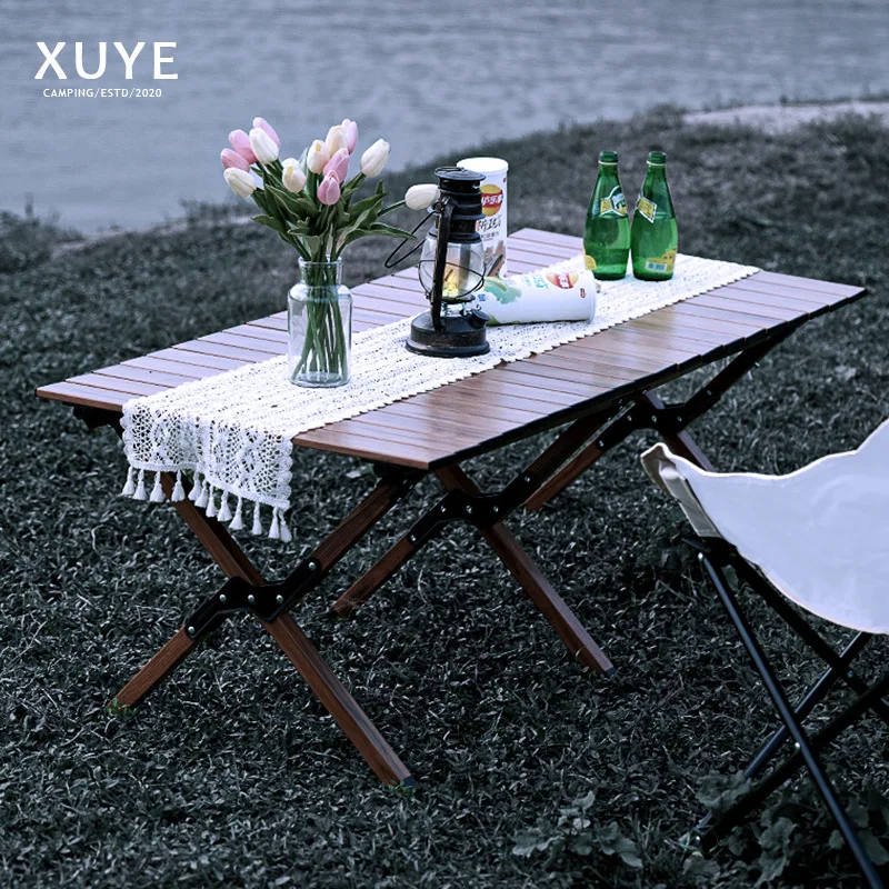 

Outdoor Picnic Portable Folding Table and Chair Portable Camping Wood Grain Aluminum Alloy Egg Roll Table Road Trip Beach Table