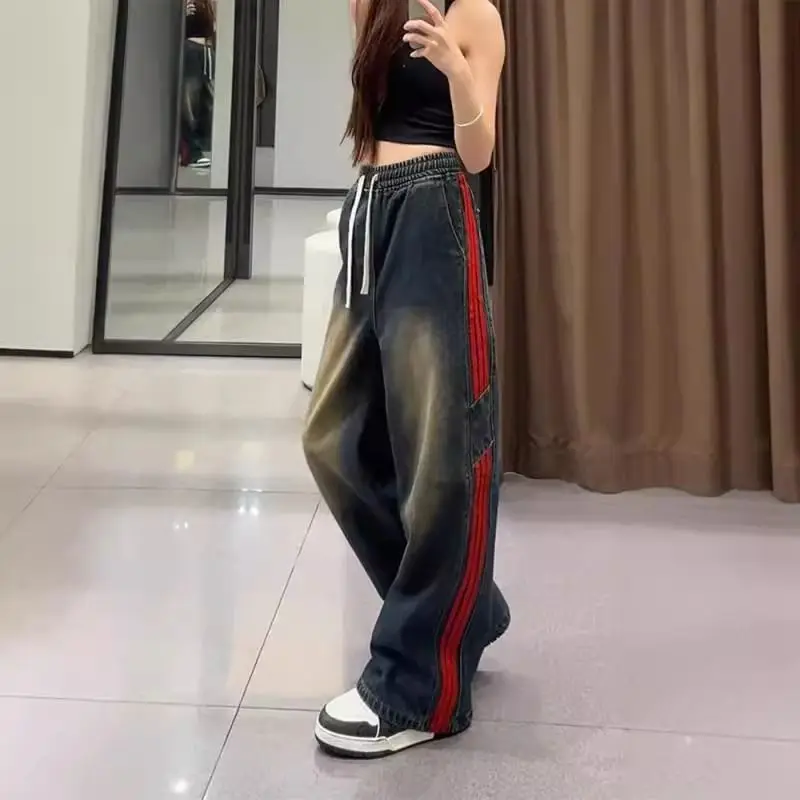 Autumn Retro Striped Contrasting Color Washing Old Jeans Men Women Versatile American High Street Light Flare Wide-leg Pants