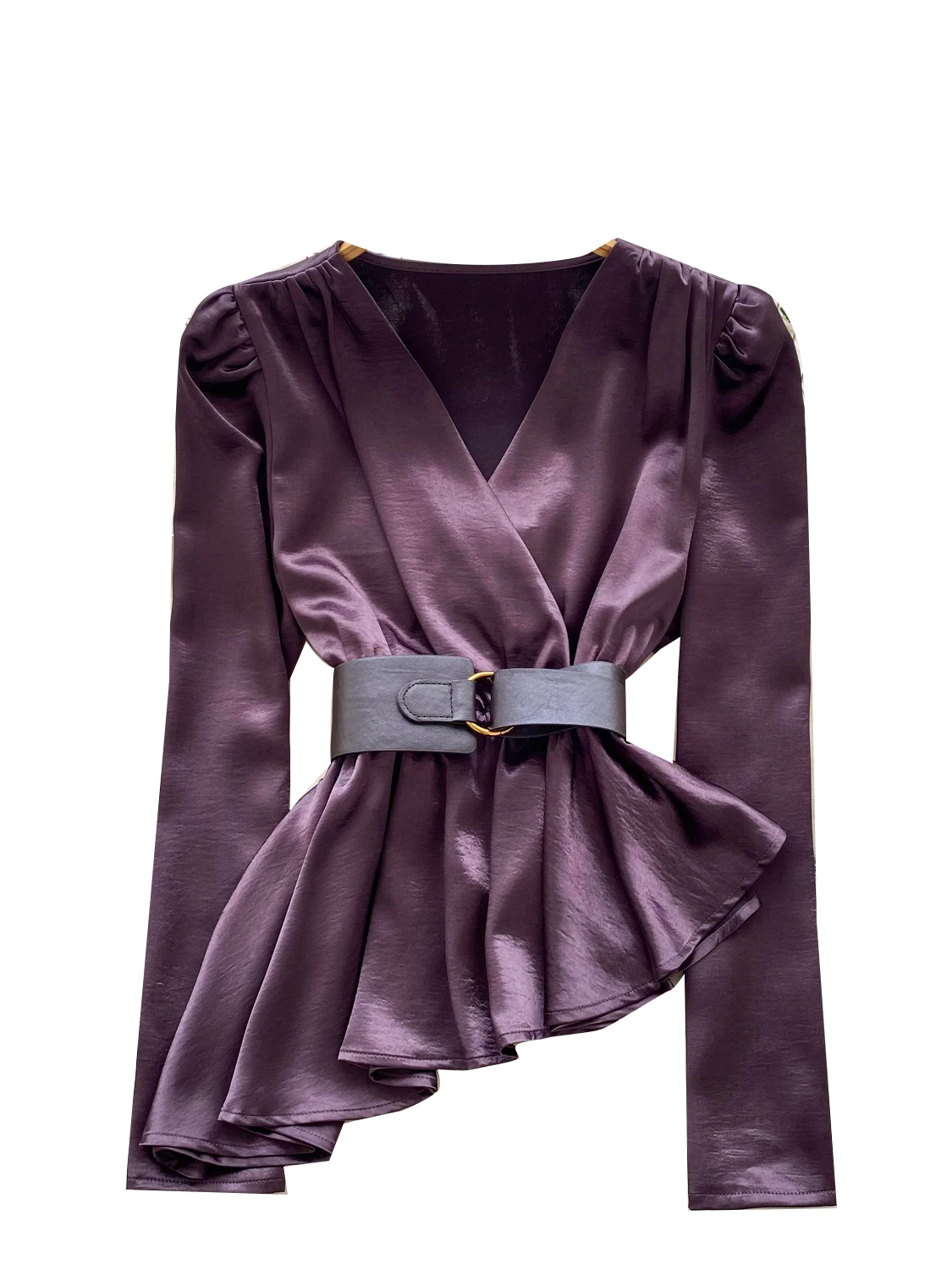 Ele Long Sve Silk Feel irt المرأة Faion الخريف غير النظامية حزام تصميم الراقية Sle النسخة الكورية العصرية