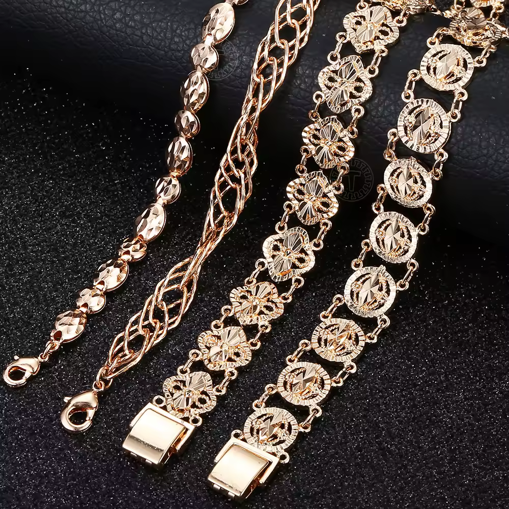 Women Men 585 Rose Gold Color Bracelet On Hand Bangle Fashion Cut Out Carved Flower Heart Oval Wristband Chains Bracelets CBM04