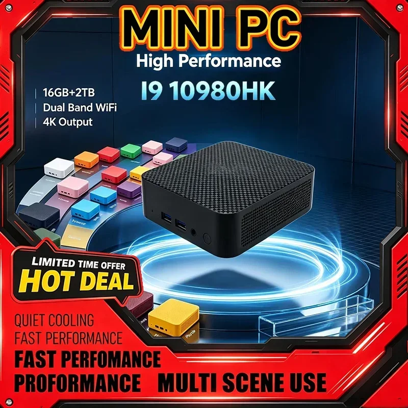 Multi‑Color Mini PC Intel I9‑10980HK 16GB+2TB Quiet Cooling High‑Performance Output Windows11 Portable Gaming Desktop for Office